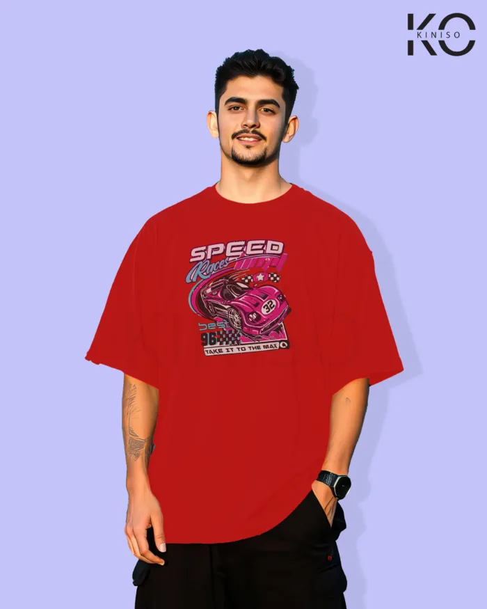 Image of Red color drop shoulder t-shirt with Best Speed Race Print for men at reasonable price